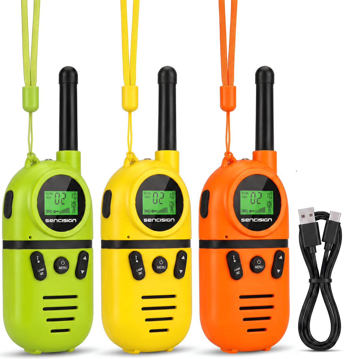 Sencision Walkie Talkie voor Kinderen Oplaadbaar - Portofoon - Walkie Talkie Oplaadbaar - Set van 3 - Tot 5 km Bereik - Zaklamp - Groen/Geel/Oranje