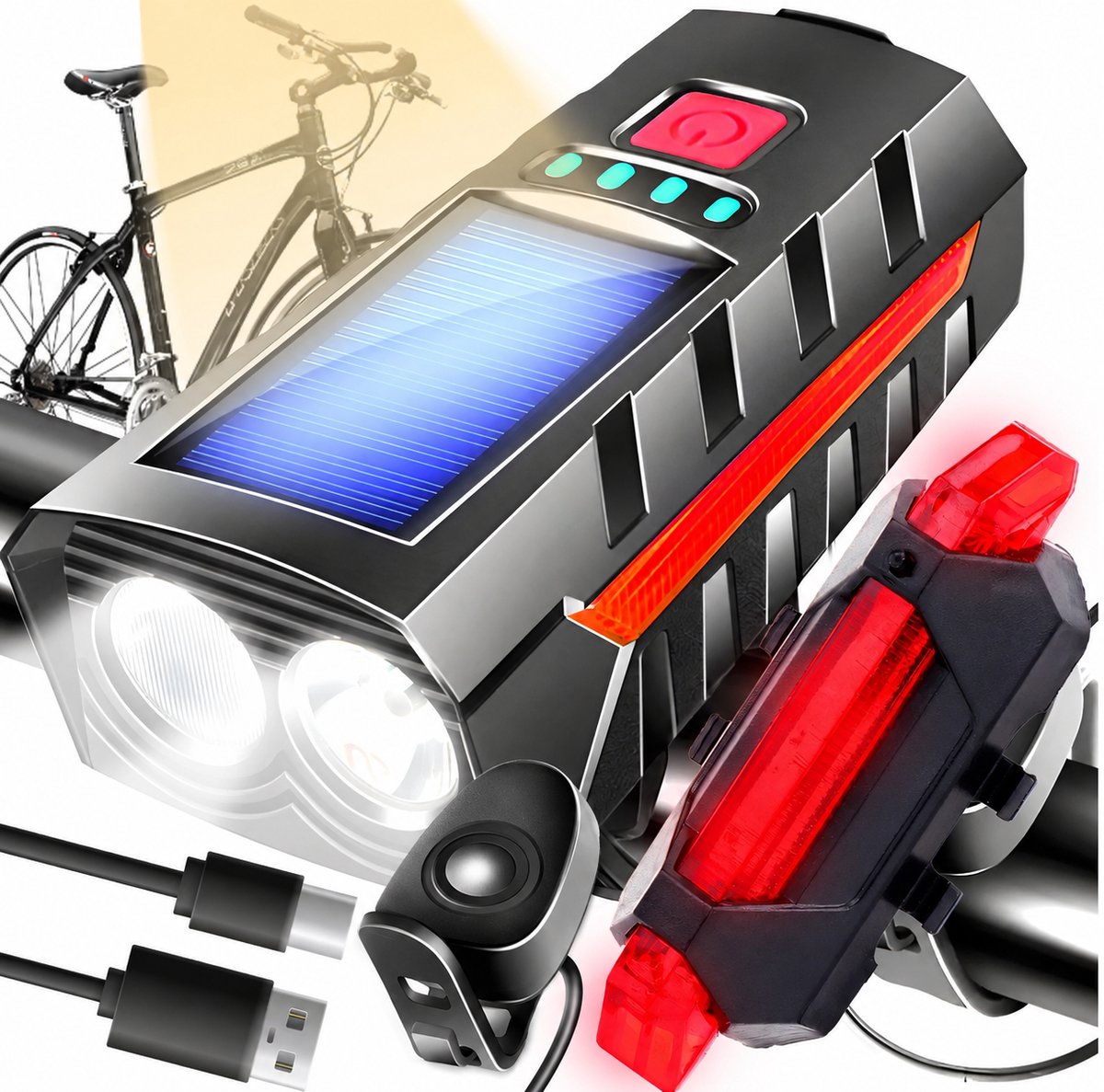 Fietsverlichtingsset Voor & Achter – 800 Lumen – Solar & USB Oplaadbaar – Met Claxon – IPX4 – LED Fietsverlichting