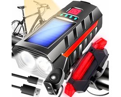 Fietsverlichtingsset Voor & Achter – 800 Lumen – Solar & USB Oplaadbaar – Met Claxon – IPX4 – LED Fietsverlichting