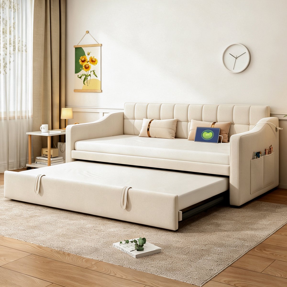 Slaapbank 90x190 Cm - Uitrekbaar Bed Met Usb Oplaadpunten En Opbergtas - Tweepersoons Voor Woonkamer En Logeerkamer - Fluweel - Beige Zonder Matras
