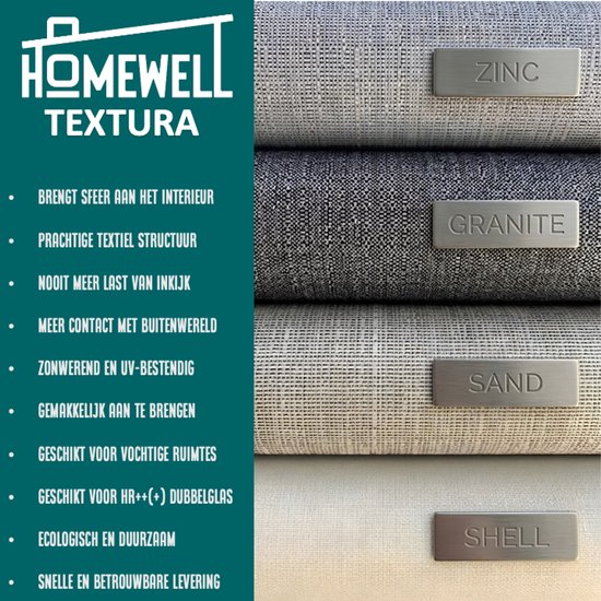 Stalen van Homewell Textura raamfolie in de kleuren Zinc, Granite, Sand en Shell.