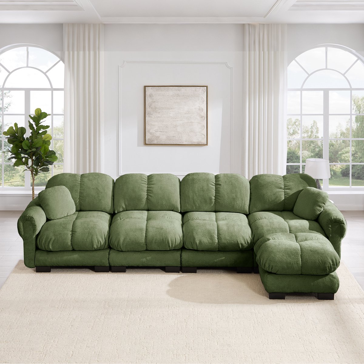 Wishdor Hoekbank - L-vormige 4-zits - Modulair met verplaatsbare ottomane en klein kussen - Gestikt design - Woonkamer - Chenille - Groen - 330 x 149 x 90 cm