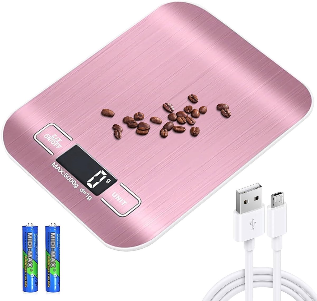 Digitale Keukenweegschaal 10 kg / 1 g met LCD Display, Oplaadbare Tare Functie en Roze Goud Afwerking, Precisieweegschaal voor Koken en Bakken