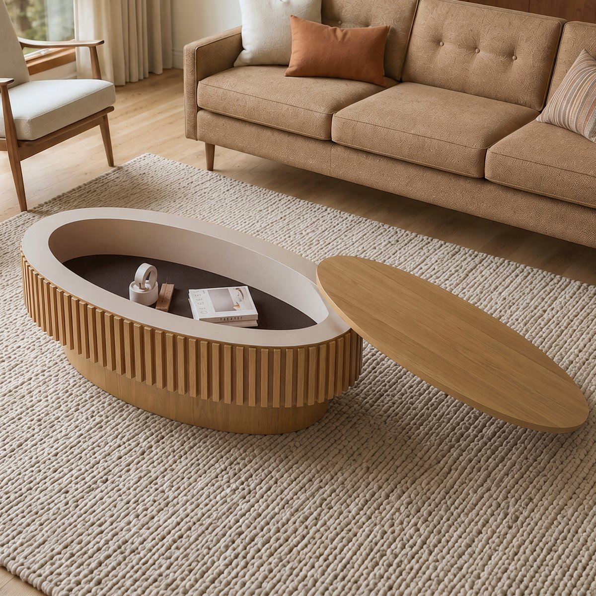 REDOM - Salontafel - Verborgen opbergruimte - Ovaal geribbeld ontwerp met afneembaar blad - MDF met houtfineer - Natuurlijk hout - 98 x 60 x 35 cm