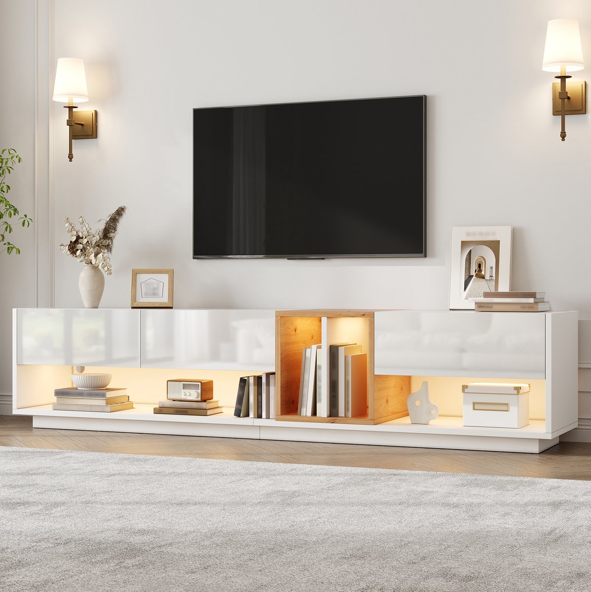 MODENUIT TV-Meubel - Hoogglans Voorzijde Met LED En App-Bediening - Woonkamer - Spaanplaat - Wit - 190 Cm