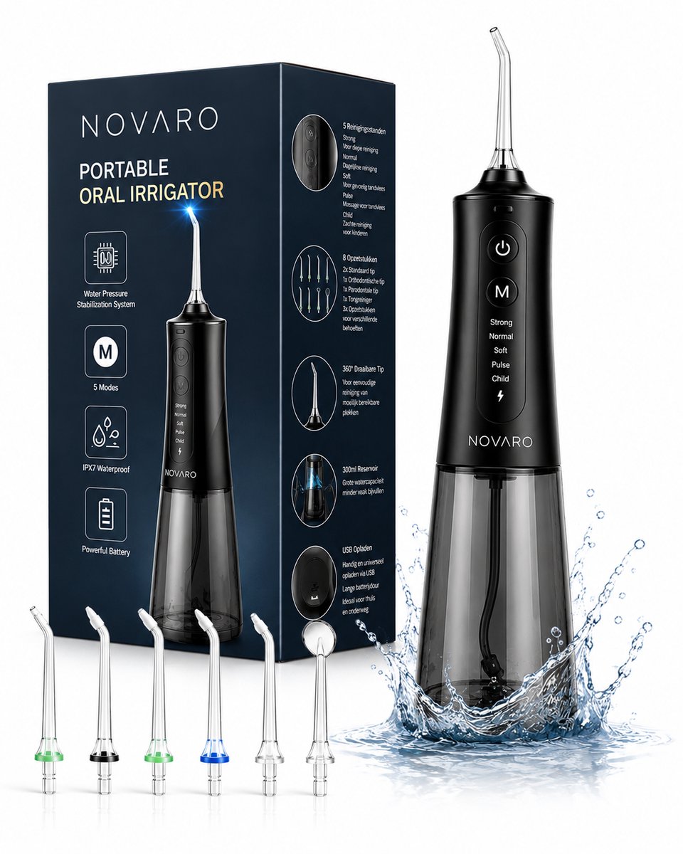NOVARO Waterflosser – Draadloze Monddouche & Flosapparaat – 300 ml Waterreservoir – 8 Opzetstukken – 5 Drukstanden – IPX7 Waterdicht – USB-C Oplaadbaar – Zwart