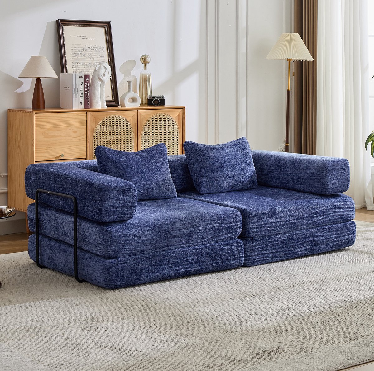 REDOM - Slaapbank - Opvouwbaar ontwerp - Converteerbaar van vloersofa naar bed - Zonder montage - Woonkamer of slaapkamer - Chenille - Donkerblauw - 200 x 100 x 63 cm