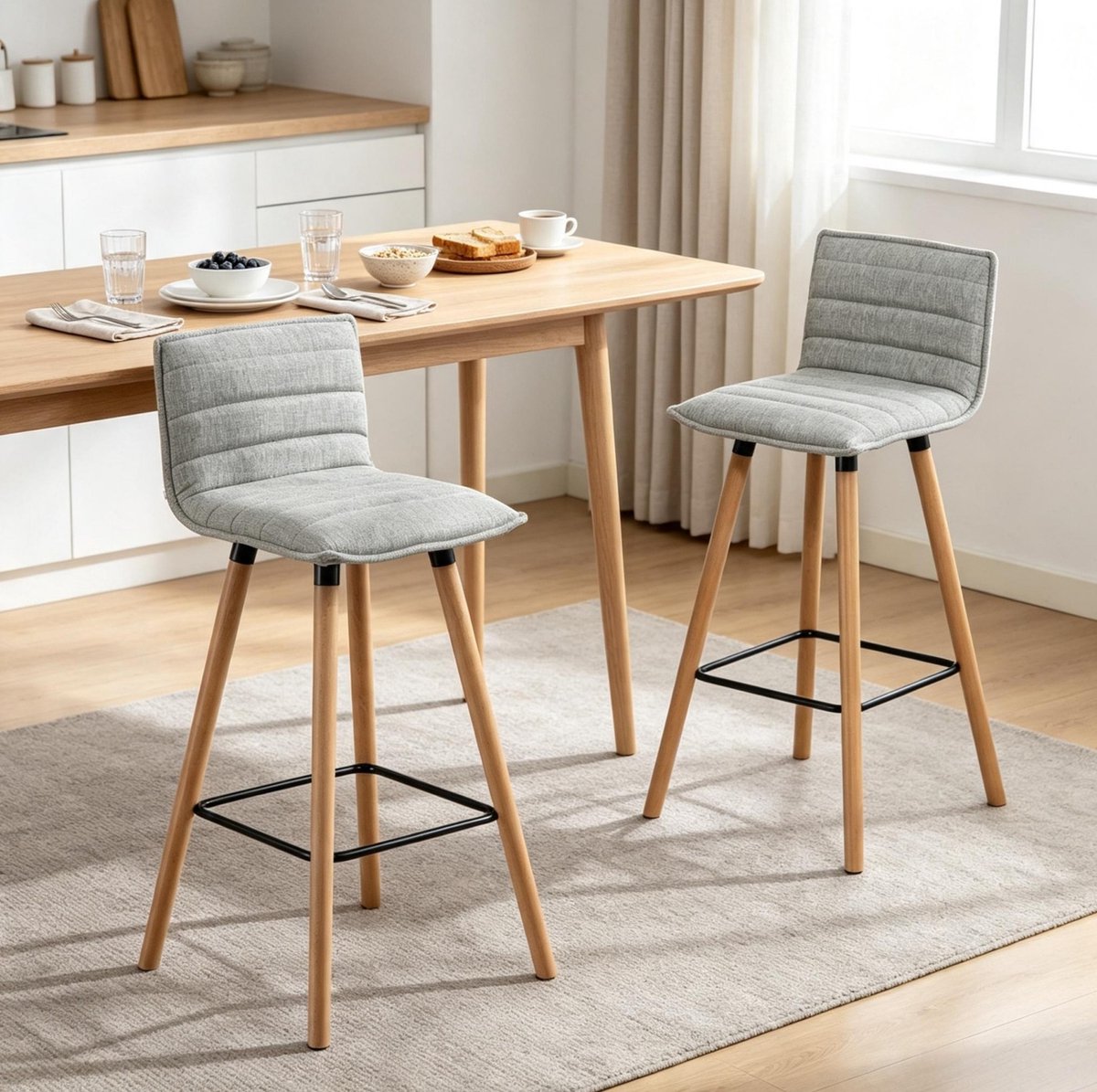 DESMIU Barkruk 76,5 Cm - Set Van 2 Met Gevoerde Zitting, Rugleuning En Voetsteun - Voor Keuken, Bar En Eettafel - Stof - Grijs
