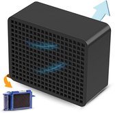 Zwart actief koolstoffilter met rasterpatroon en indicatie van luchtstroom. Kleine inzetfilter met vezels ernaast.