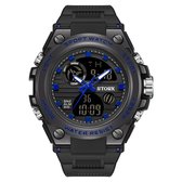 Horloge - Stoer - Mannen - Spat Waterdicht - Sportief - Rubberen band - Mat Zwart/ Blauw - Analoog&Digitaal - Chronograaf - Alarm - LED Licht - Storx - Cadeau Tip