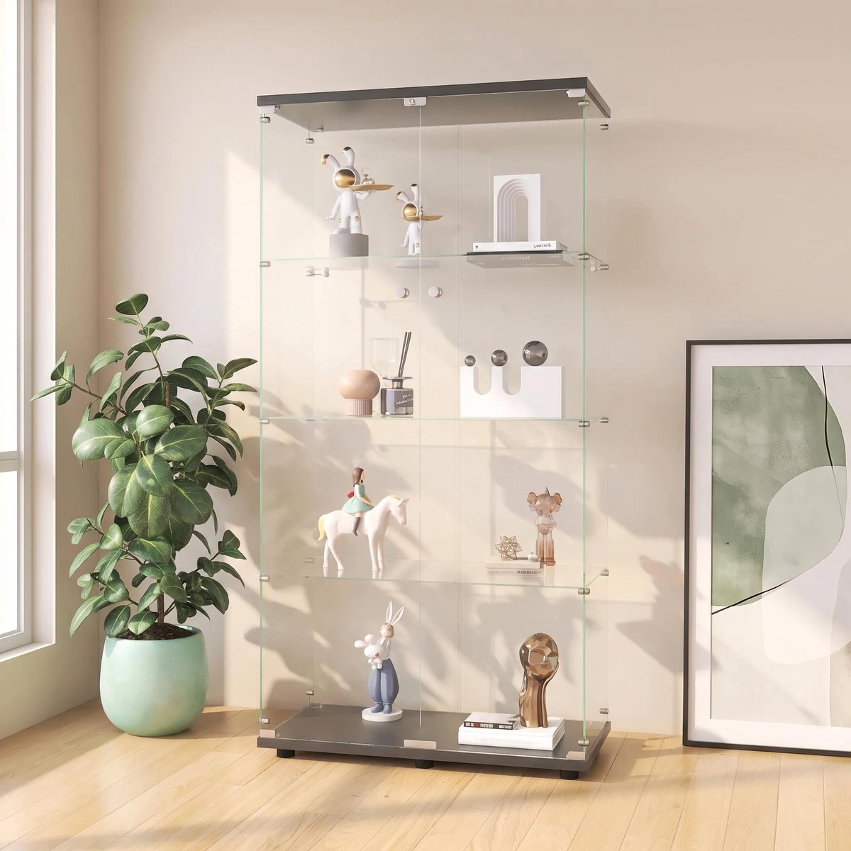 Glazen vitrinekast 80,5 x 36 x 164 cm – Vitrinekast met 2 deuren en slot – 4 planken display kast van gehard glas – zwart vitrinekast voor woonkamer en kantoor