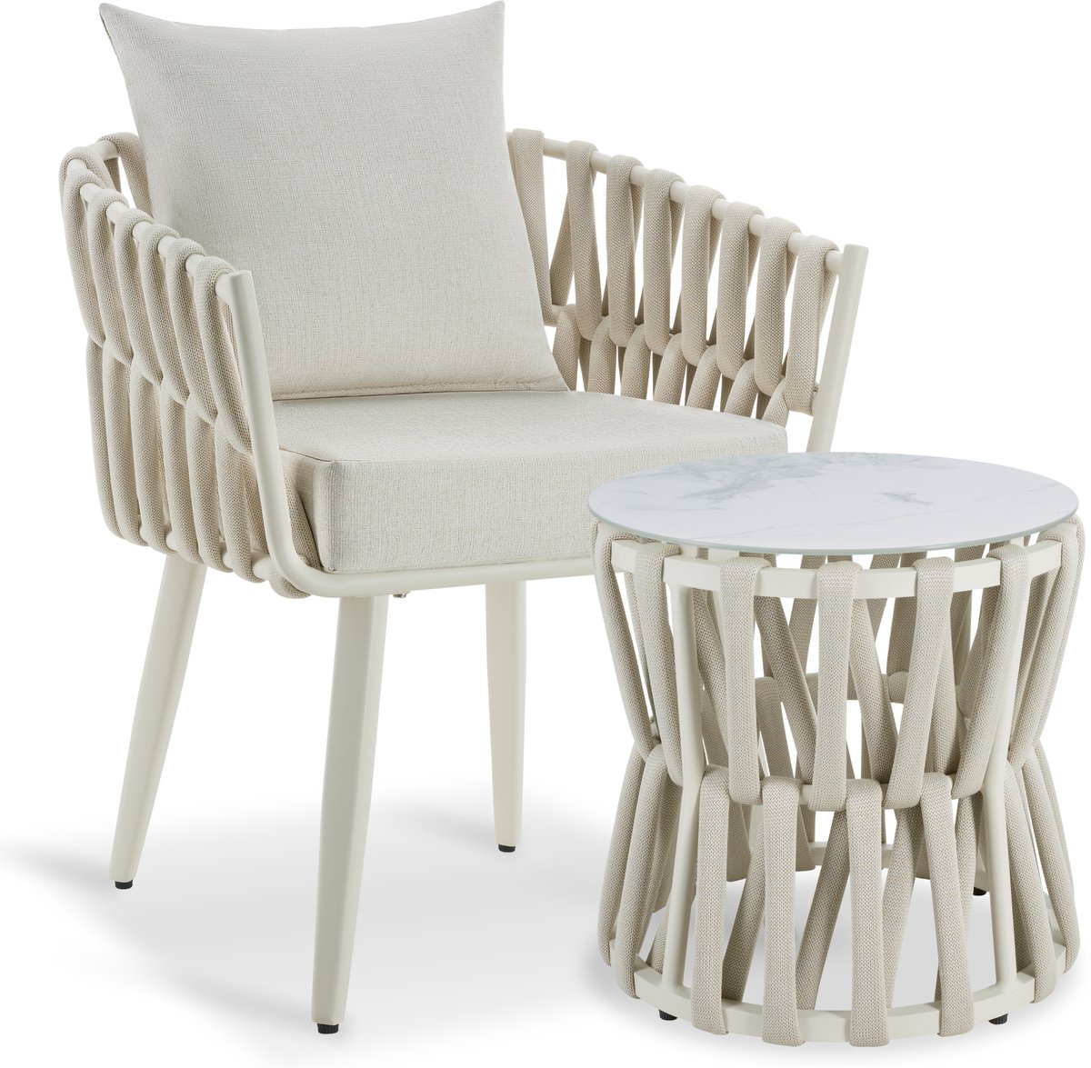 tectake® Tuinset Lugano - Tuinstoel - Loungestoel met Bijzettafel - Buitenstoel in Rope-Design met Aluminium Frame - Buiten Fauteuil met Dikke Kussens - Loungeset voor Tuin of Balkon - Terrasstoel - UV- en Weerbestendig - Beige