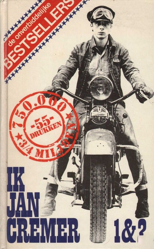 Jonge man met pet en motorjas op motor, met 'Bestsellers' en 'Ik Jan Cremer' tekst.