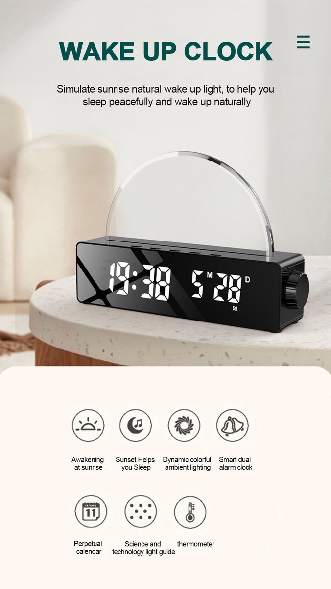 Zonsopkomst Weklamp-LED Slaap-Sfeerlamp-Zwart/Wit -met Klok-Kalender 1 stuk Wit — afbeelding 4