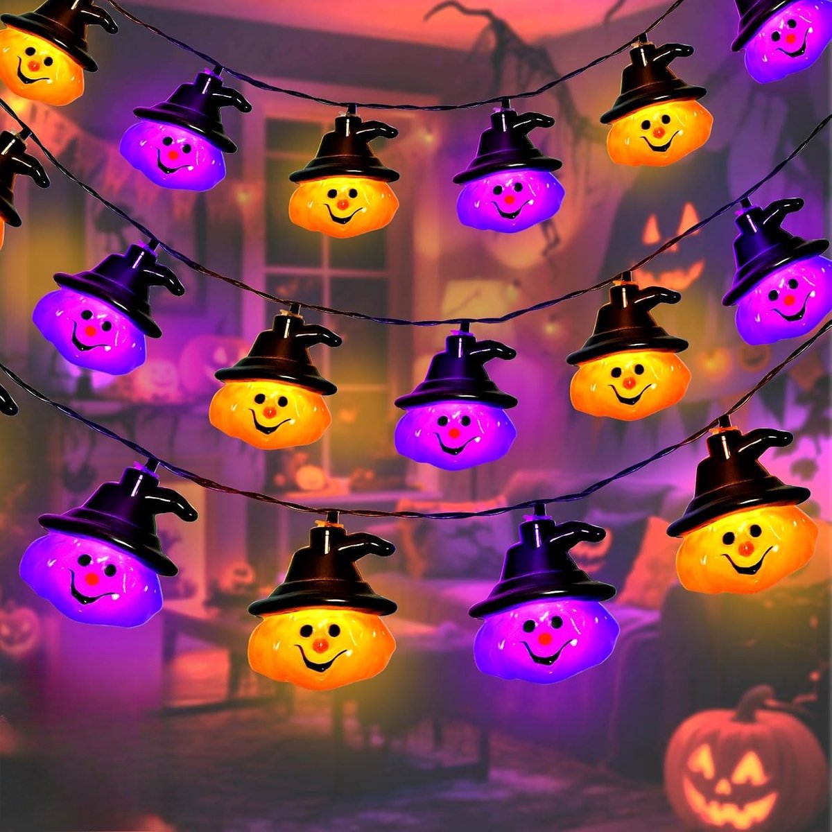 Halloween Feeënlamp - Paars-Oranje - 3 Meter, 20 LED Pompoen Feeënlamp - Werkt Op Batterijen (Niet Inbegrepen) - Waterdicht - Geschikt Voor Halloween Decoraties En Tuinfeesten