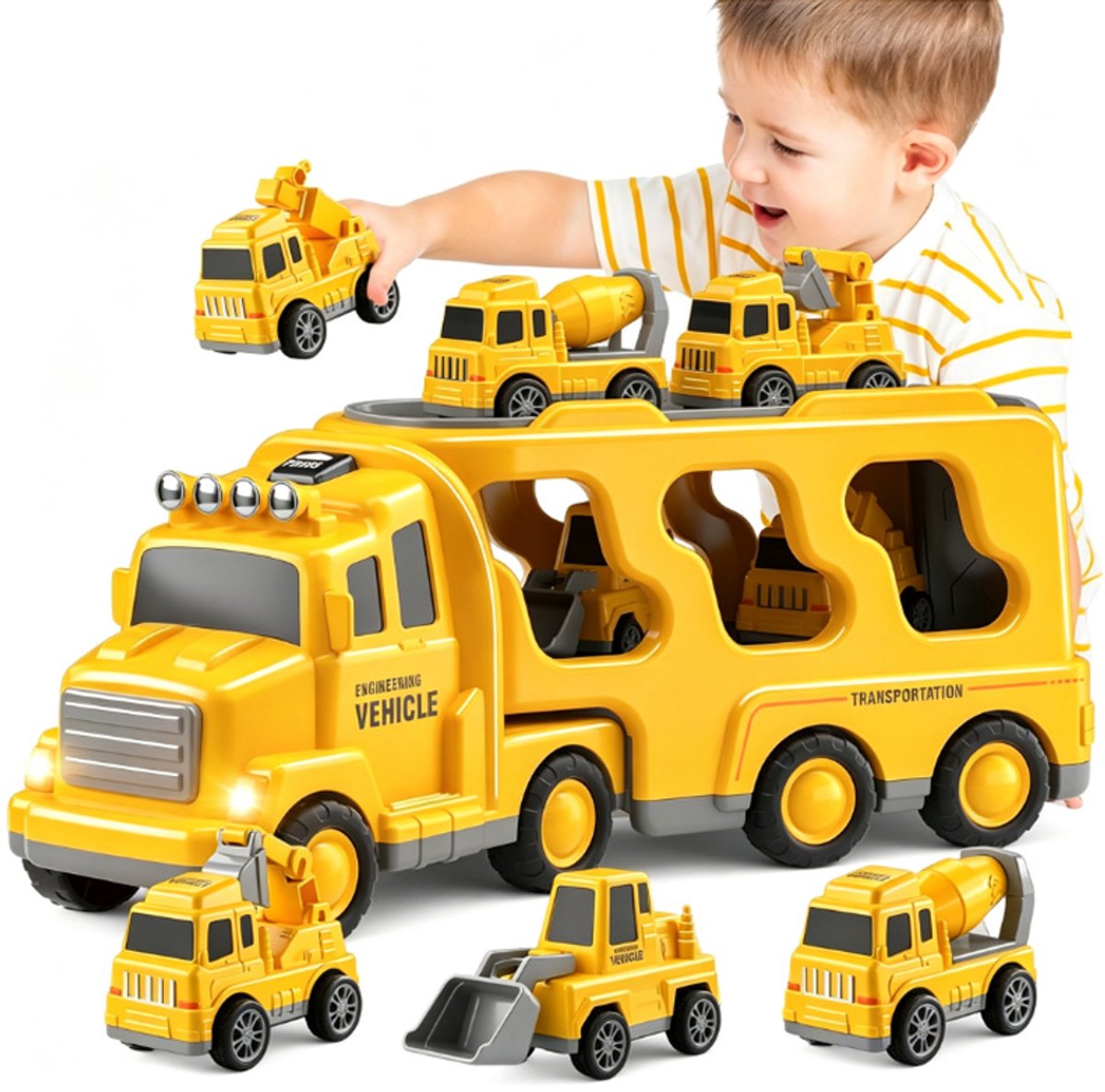 5-in-1 bouwvoertuigen en speelgoedauto's voor peuters van 3-5 jaar Speelgoedvoertuigen met licht en geluid – inclusief kraan, betonmixer, bulldozer en graafmachine – verjaardagscadeau voor jongens van 3, 4 en 5 jaar