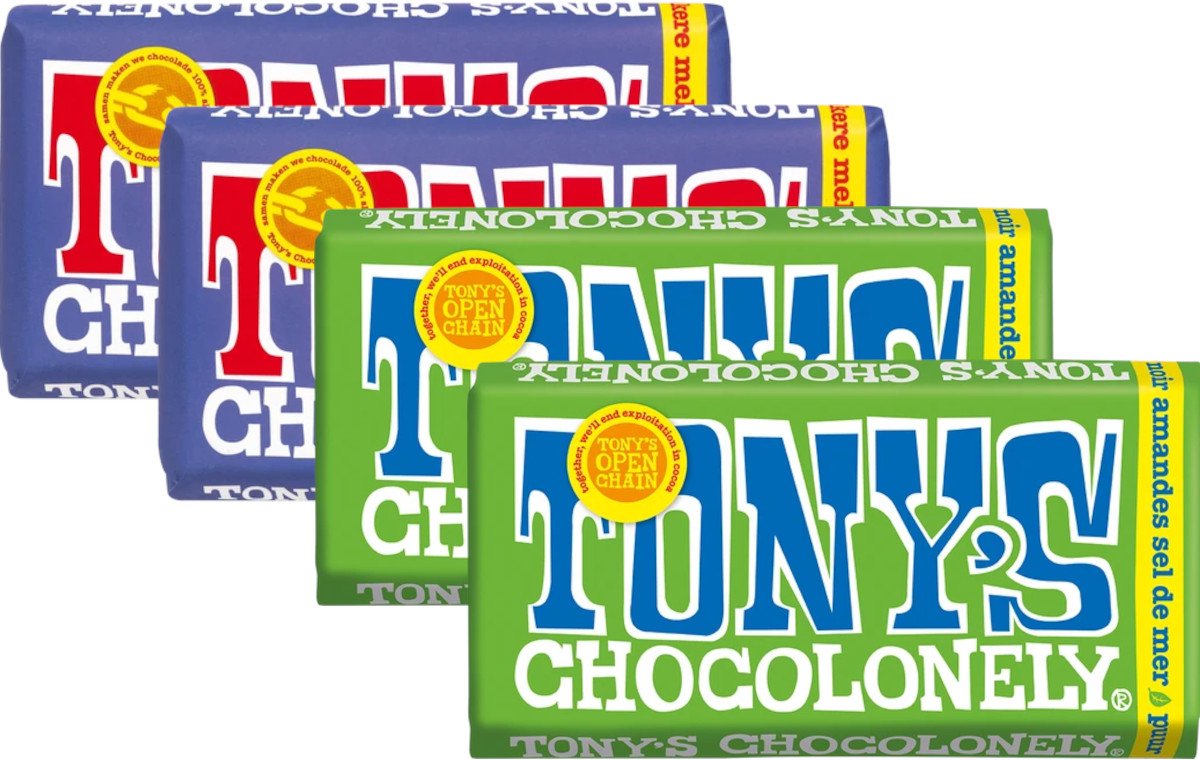 Tony's Chocolonely Donkere Melk Pretzel Toffee & Puur Amandel Zeezout - Mixverpakking - Chocolade - 720g (4x180g)