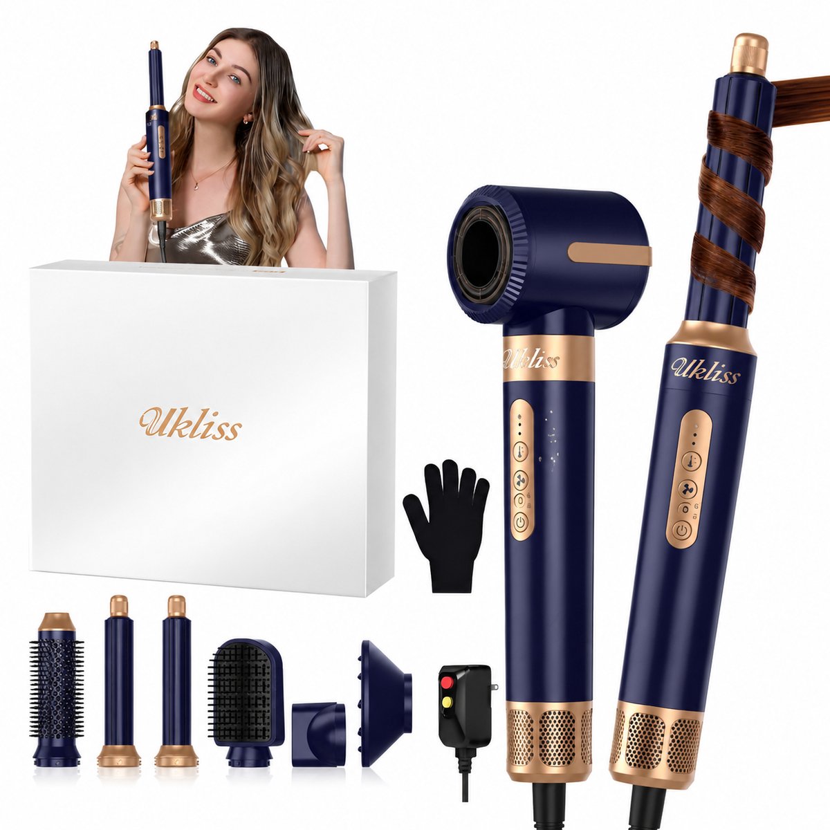 UKLISS® 7-in-1 Multistyler – Föhnborstel – Krulborstel – Krultang – Stijltang – Airstyler – Hairdryer Brush – Inclusief 7 Opzetstukken – Hittehandschoen – blauw