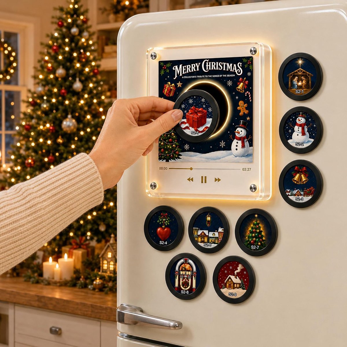 Magnetische Kerst Muziekdoos voor Koelkast - 9 NFC Mini Vinylplaten - Warm Verlicht Frame - Afspeelmogelijkheid Zonder Telefoon - NFC Magnetische Muziekdoos Set - Oplaadbaar - Sfeervolle Retro - Perfect kerstcadeau - NFC Muziekdoos - kerstdecoraties