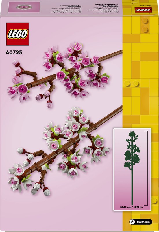Achterkant van de LEGO 40725 Cherry Blossoms doos met twee roze en witte bloesemtakken en een afbeelding van de uiteindelijke boom.