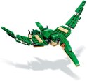 Groene LEGO pterodactylus met beige accenten, vliegend met vleugels gespreid.
