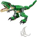 Groene LEGO T-Rex met beige buik en puntige klauwen, met botten.