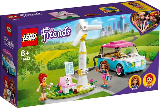Doos LEGO Friends met afbeeldingen van de speelset: auto, windmolen, zonnepanelen, stoel, poppen en hondje. Olivia en Mia.