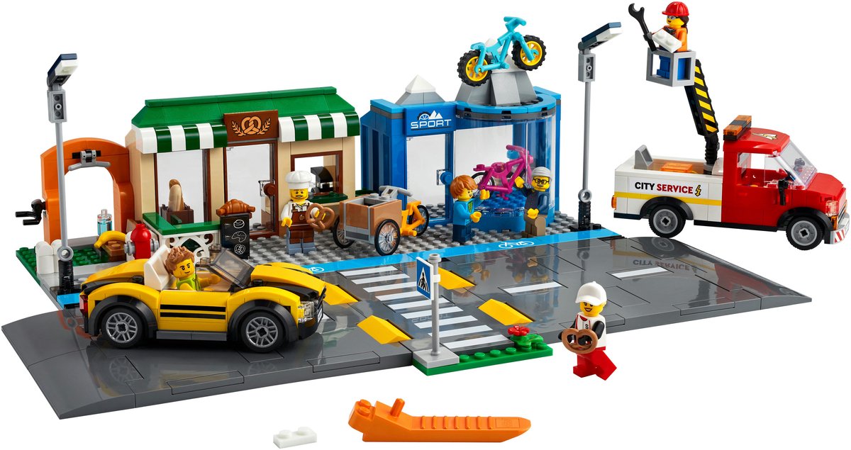 LEGO® City Winkelstraat 60306 bouwset; bevat LEGO wegplaten, een fietsenwinkel, bakkerij en park met fitnesstoestellen, plus een bakfiets, servicetruck, sportauto en 6 minifiguren (533 onderdelen) — cadeau in Spellen & Speelgoed - foto 5