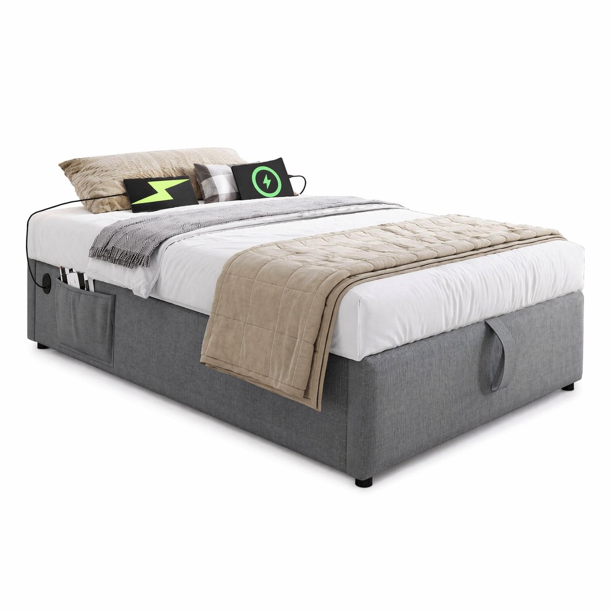 WUVRIE Eenpersoonsbed 90x200 cm met opbergruimte, USB en USB-C, zonder hoofdbord, grijs