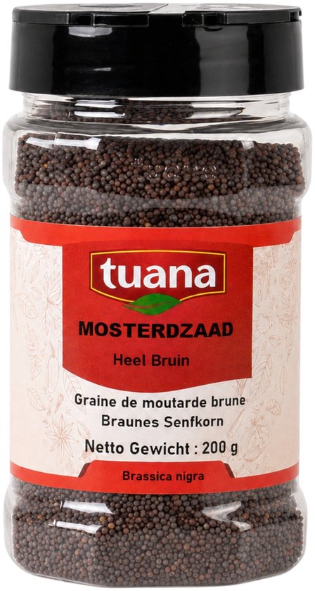 Tuana Mosterdzaad Heel Bruin 200g plastic pot met zwarte dop. Mosterdzaad is bruin van kleur.