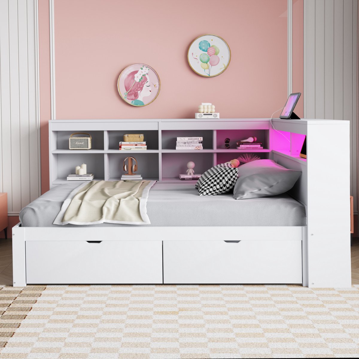 WUVRIE Bedbank 90x200 cm met opberglades, vakken, USB, stopcontact en LED-verlichting, wit