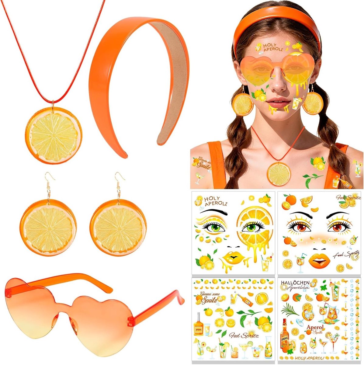 Aperol Kostuum Hoofdband, Bril, Ketting en Oorbellen voor Halloween en Carnaval Feestje