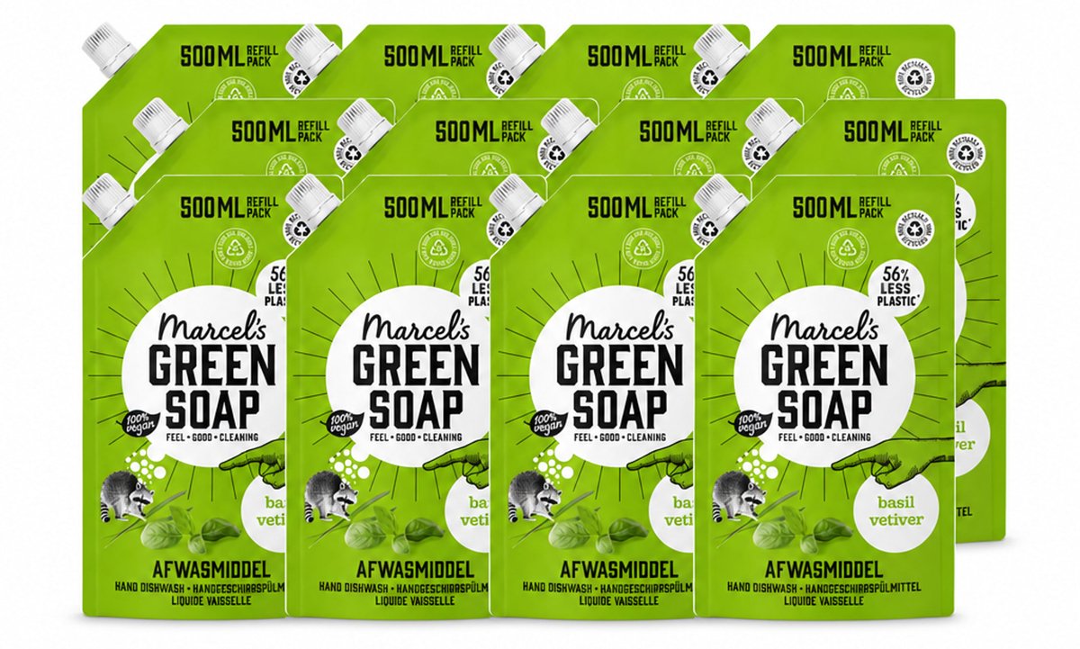 12 x Marcel's Green Soap - Navulling - Afwasmiddel - Basilicum & Vetiver Gras - Plantaardig & duurzaam - 500 ml - Voordeelverpakking - 12 stuks