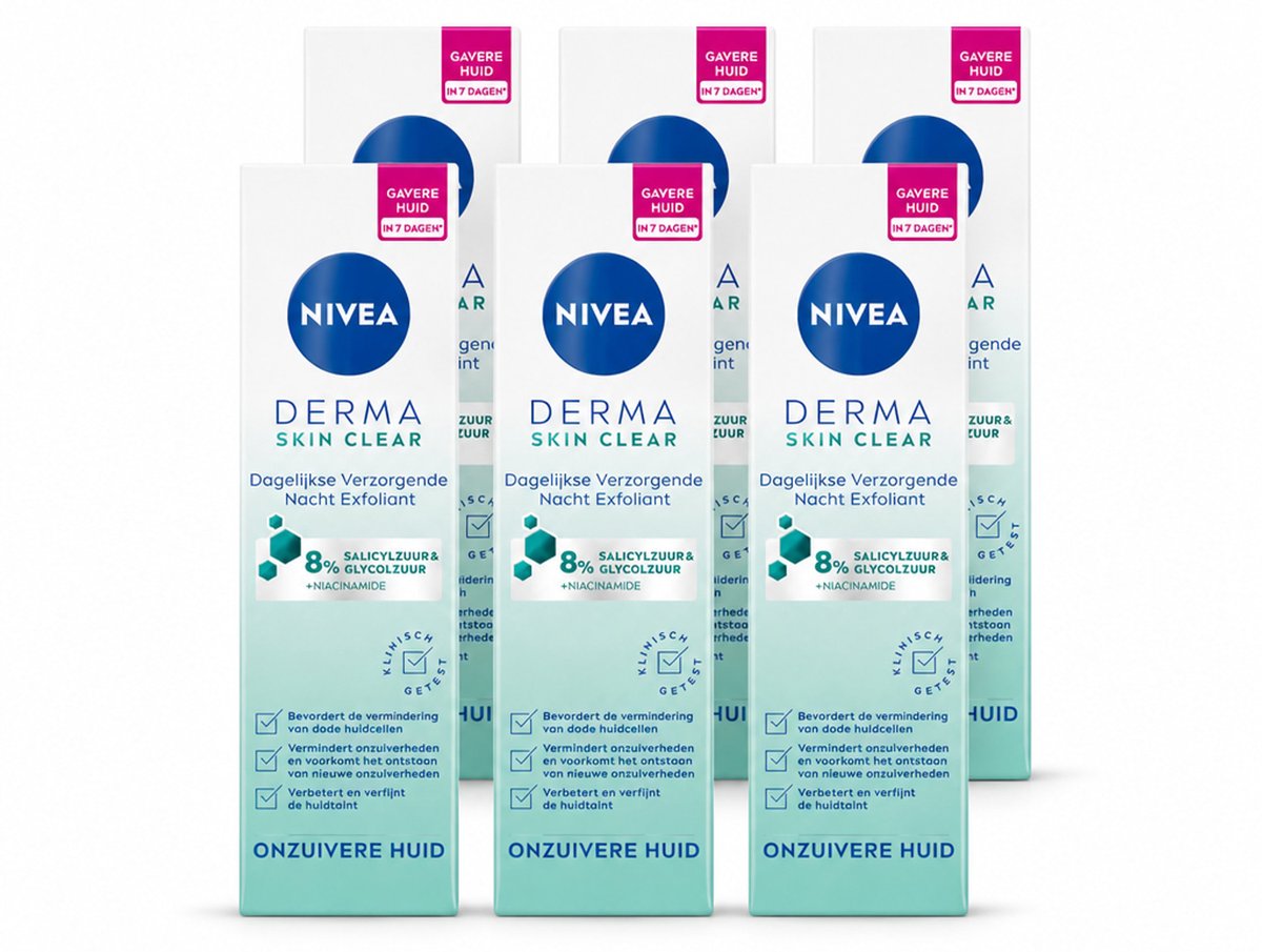 6 x NIVEA - Nacht Exfoliant - DERMA Huidzuiver Dagelijkse Verzorging - Met Salicylzuur (AHA), Glycolzuur & Niacinamide - Tegen Acne & Mee-eters - 40 ml - Voordeelverpakking - 6 stuks