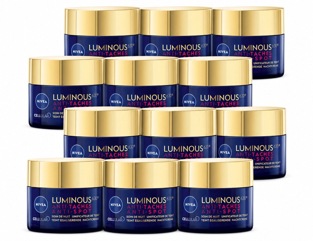 12 x NIVEA - Nachtcrème - CELLular LUMINOUS630 Tegen Vlekken - Egaliserend - Tegen pigmentvlekken - Met Hyaluronzuur - 50 ml - Voordeelverpakking - 12 stuks