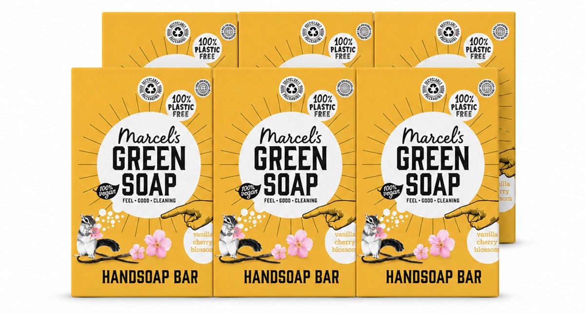 6 x Marcel's Green Soap - Handzeep Bar - Vanille & Cherry Blossom - Krachtige werking - 90 gr - Voordeelverpakking - 6 stuks