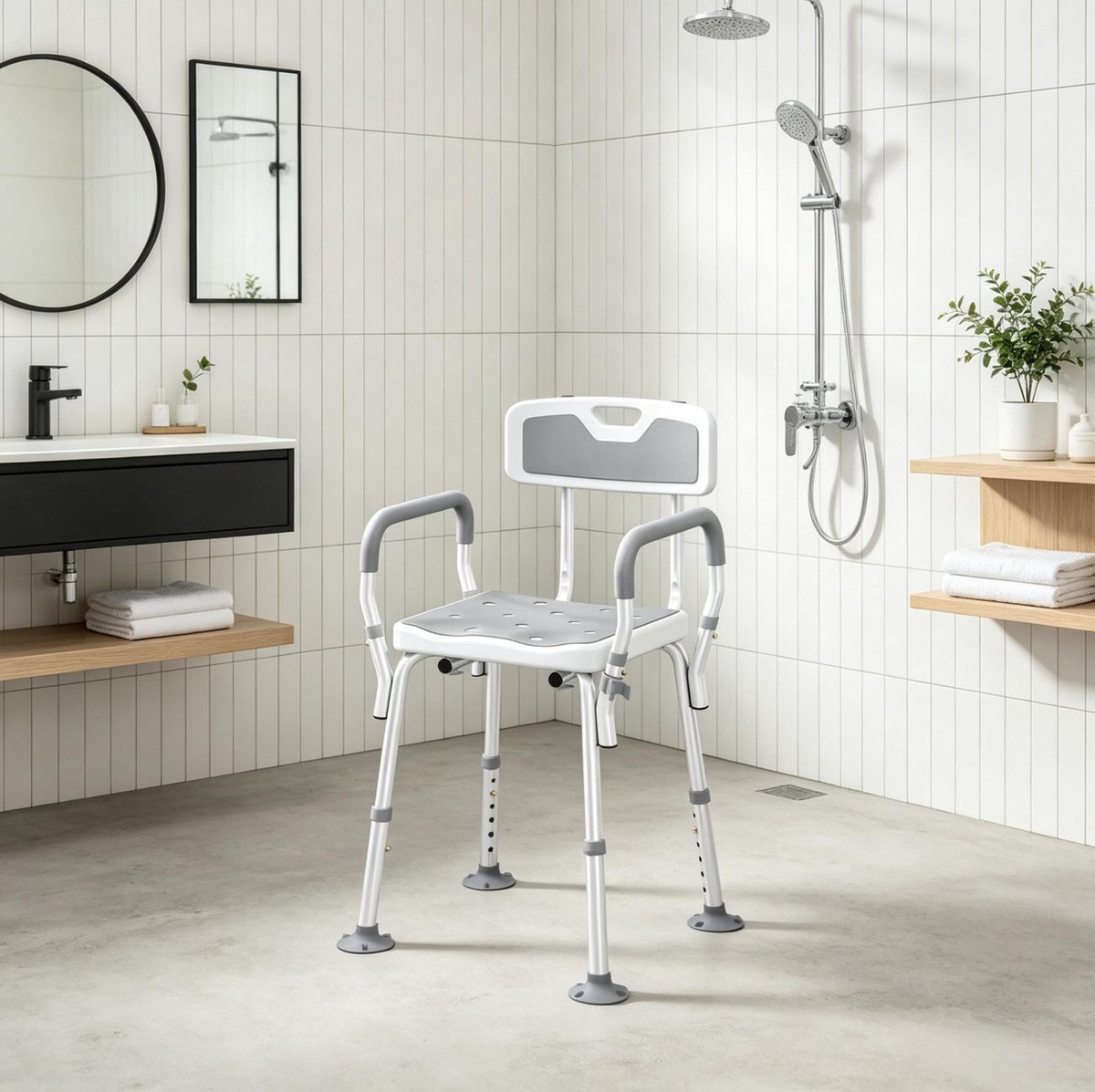 Douchestoel Verstelbaar Met Armleuningen En Rugleuning 56,5 x 53,5 x 74-87 cm Aluminium HDPE Grijs Antislip Voor Veilig Douchen