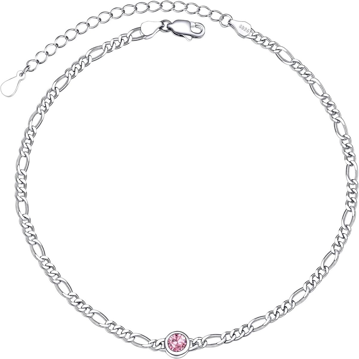 Elegante Voetketting voor Vrouwen van Zilver 22cm met Figaro Ontwerp en Roze Toermalijn Edelsteen