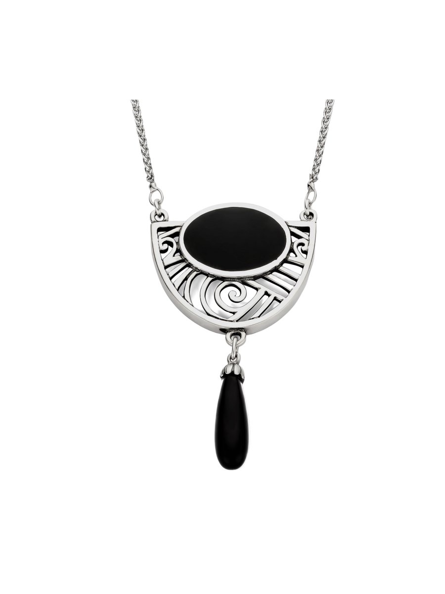 Zilveren ketting hanger Art Deco design met Onyx inleg en pendel + ketting 45 cm