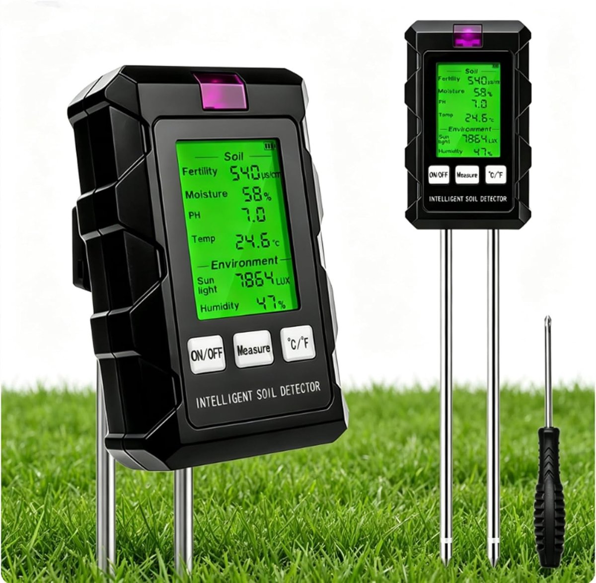 6-in-1 Bodentestapparaat voor pH, Temperatuur, Vochtigheid en Licht - Dual Probe Technologie voor Tuin, Boerderij en Moestuin