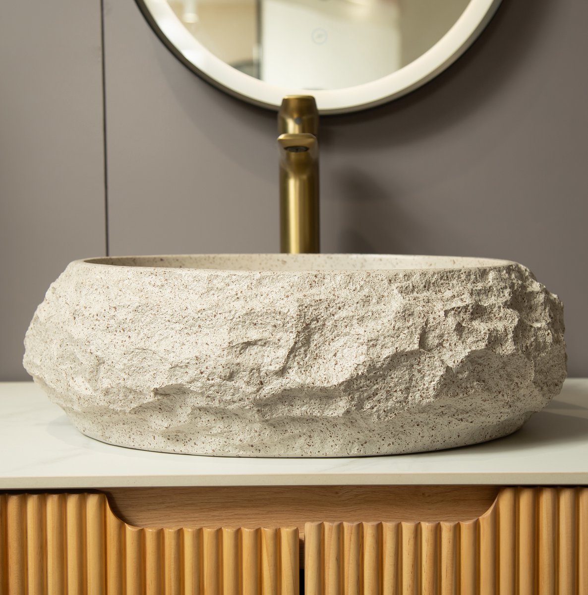 Waskom Asymmetrisch Organisch Hars Beige – Steenlook Kunstzinnig Ontwerp – Opbouw – Zonder Kraan – Zonder Overloop – Voor Moderne Badkamers