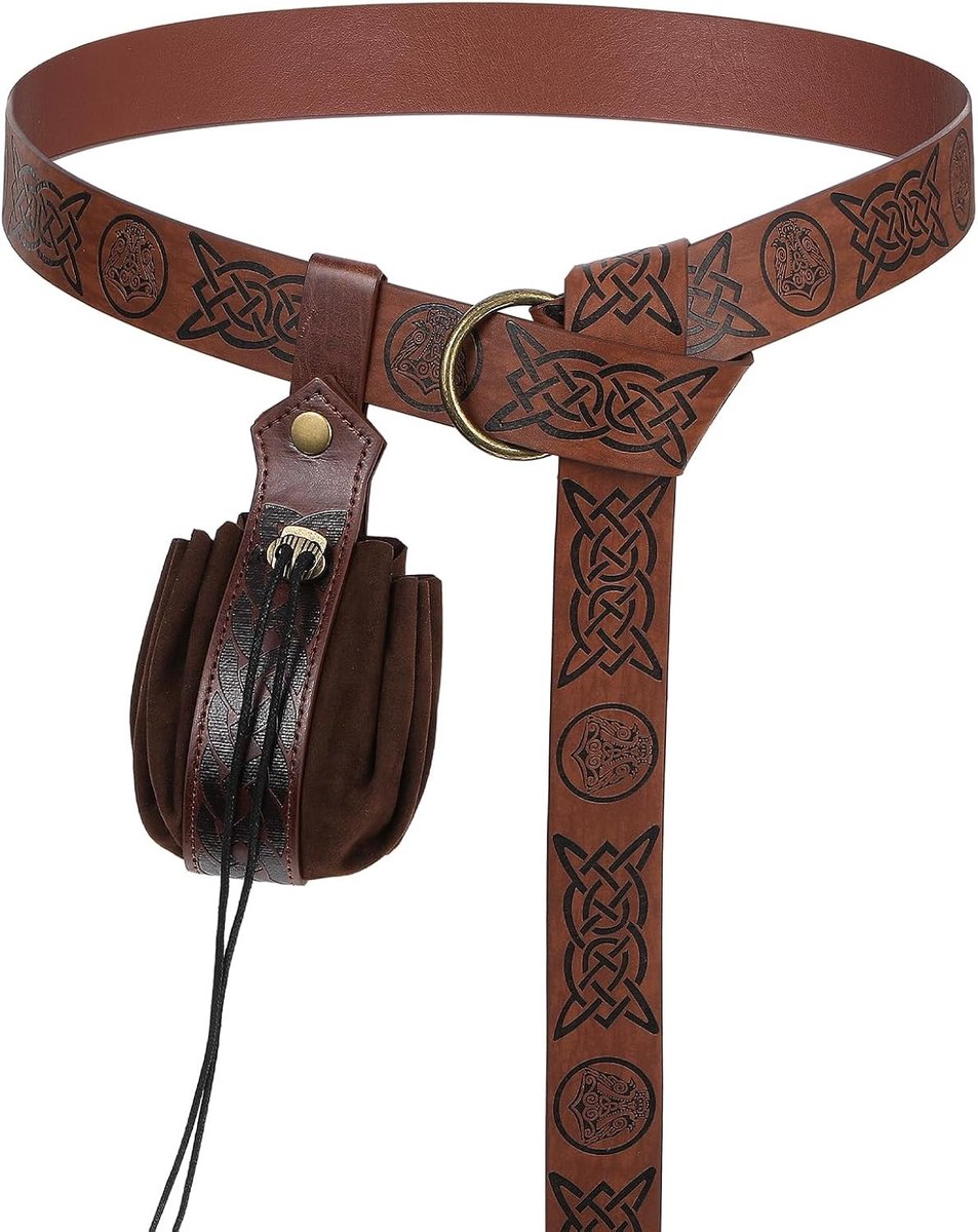 Medieval Viking Riem met Faux Leren Pouch, Vintage Renaissance Accessoires voor Kostuums, Retro Nordic Riemtas met Dobbelstenen en Draagbare Functionaliteit (Bruin)