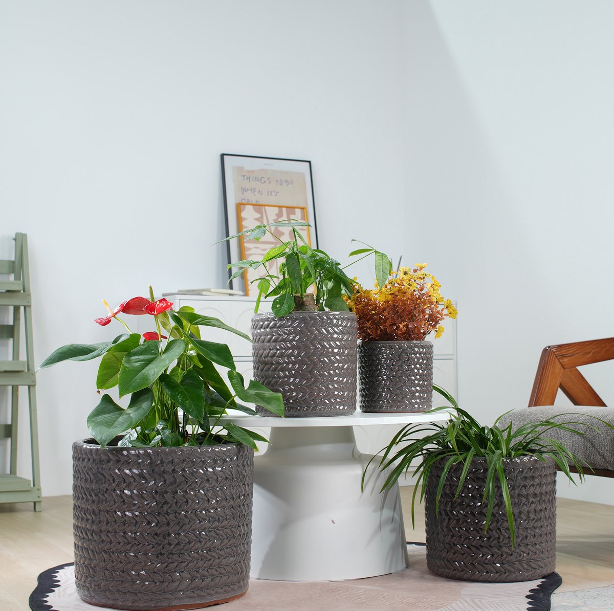 Bloempot Met Visgraatreliëf – Ø24,5 Cm – Glanzend Grijs Keramiek – Rond – Voor Binnen, Vensterbank En Sukkulenten