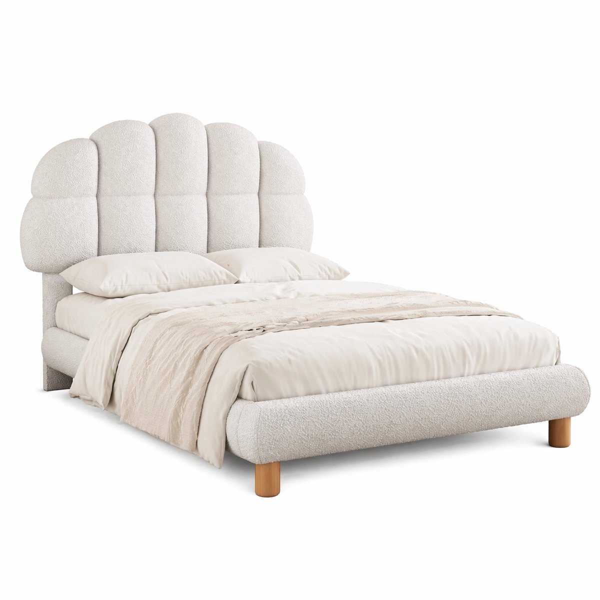 WUVRIE Gestoffeerd bed 90x200 cm met verstelbaar halfrond hoofdbord, lattenbodem en wit bouclé
