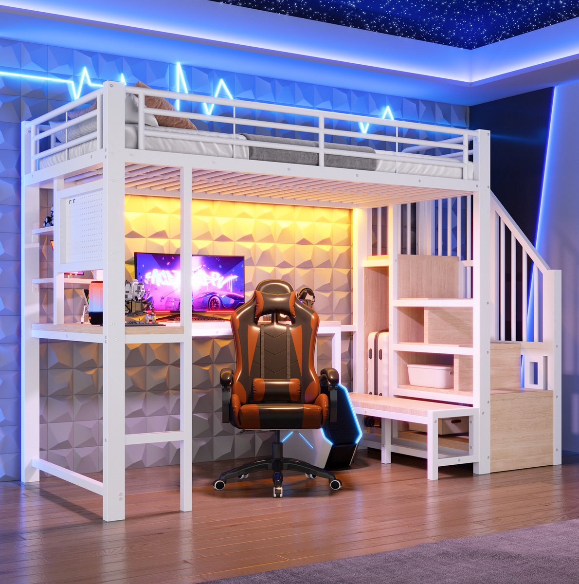 MIVRAY Hoogslaper 90 x 200 cm - Bed Zonder Matras Met Bureau En Led Verlichting - Met Lochwand En Opbergtrap - Voor Kinderen - Metaal En MDF - Wit