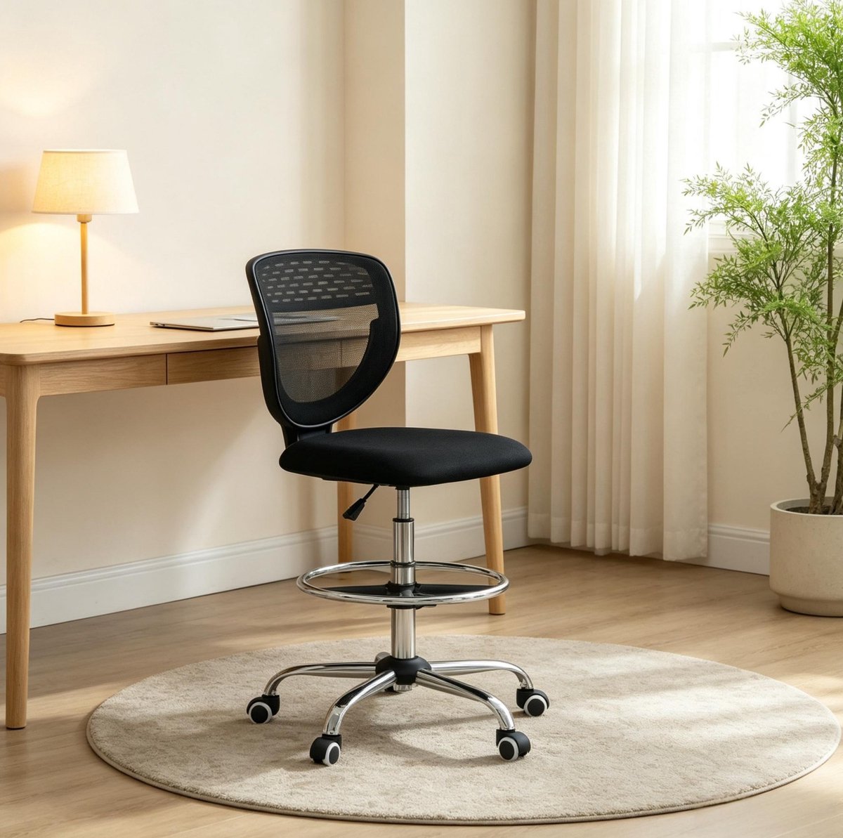 REDOM - Bureaustoel - Ergonomische hoge rugleuning van mesh - 360° draaibaar met 5 wielen - Verstelbare voetsteun - Volwassenen - Mesh en metaal - Zwart - 59 x 59 x 106-126 cm