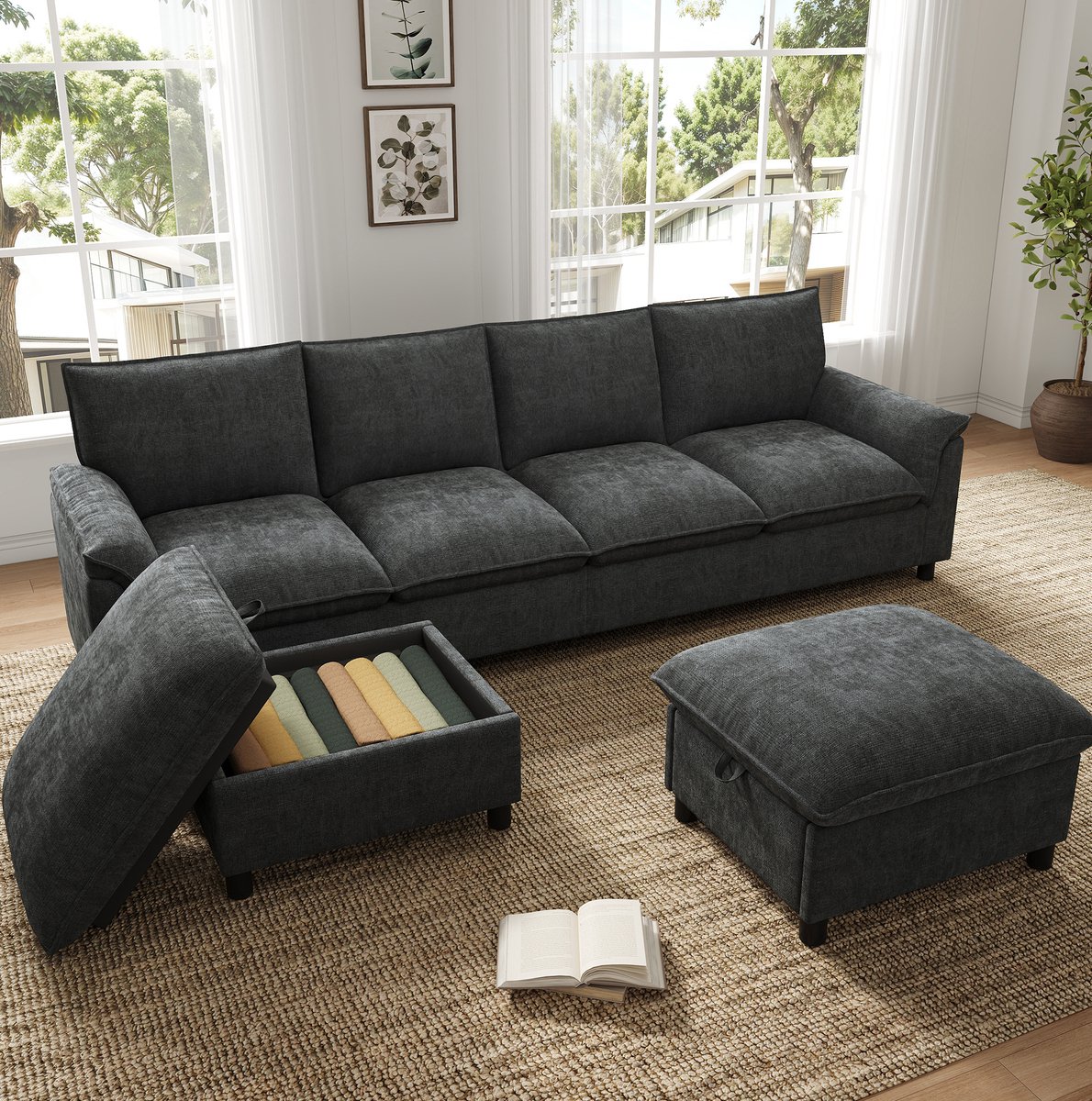 Wishdor U-bank - Modulaire opstelling - Deep-seat design - Met 2 verplaatsbare voetenbanken en opbergruimte - Chenille - Zwart - 264,5 x 142,5 x 84 cm