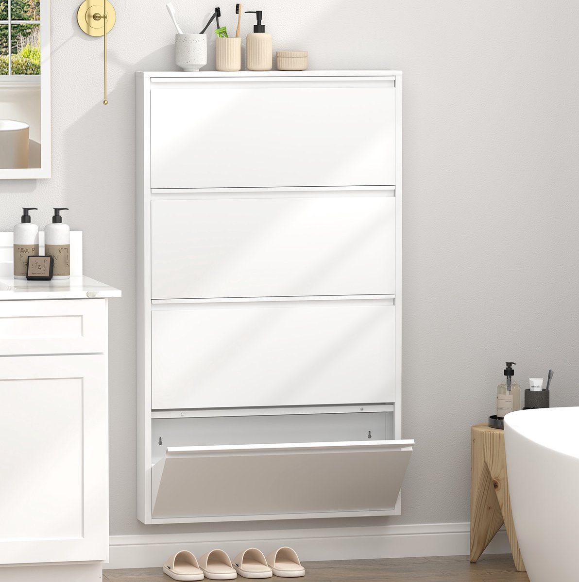 OKWISH Schoenenkast - Wandmodel Met 4 Klepdeuren - Smal En Ruimtebesparend Voor Hal En Entree - Metaal Wit - 80 X 15 X 145 Cm