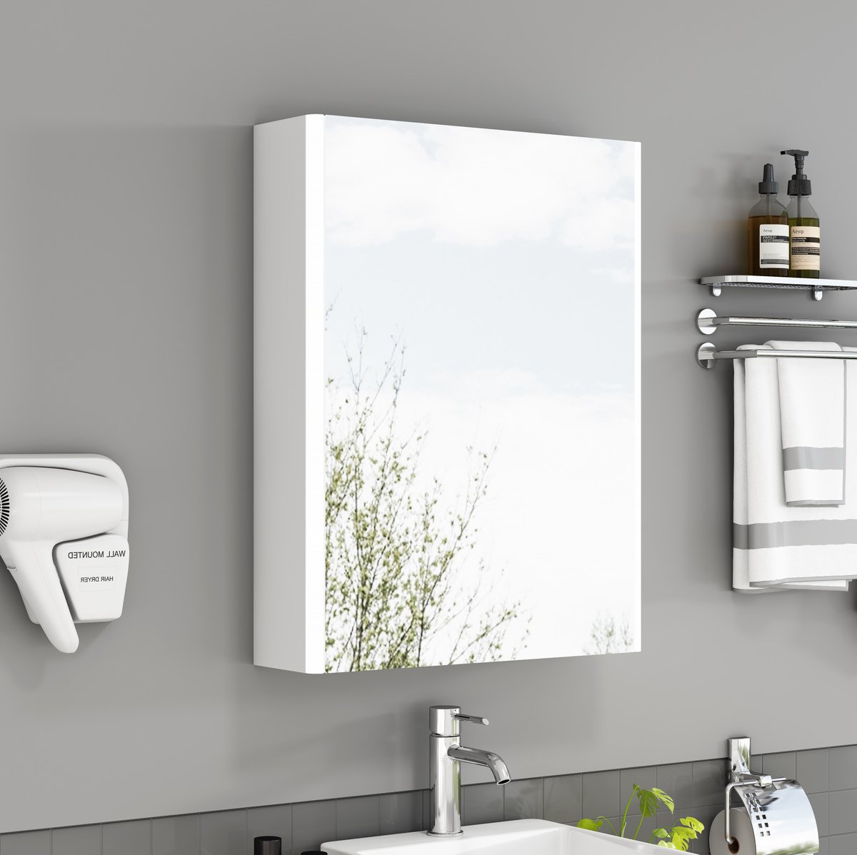 MIVRAY Spiegelkast - Wandmontage Met LED Verlichting En Frans Stopcontact - Badkamer Opbergruimte - Wit - 57x20x74 Cm