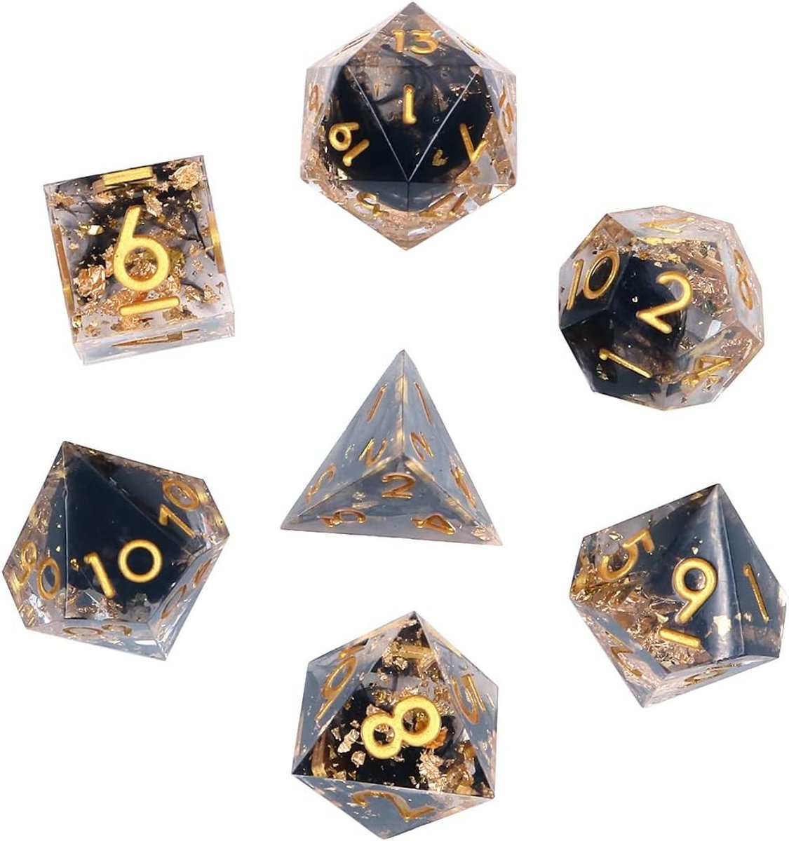 Transparante polyhedral dobbelstenen set voor DnD en RPG - D4, D6, D8, D10, D12, D20 - Zwart en helder resin